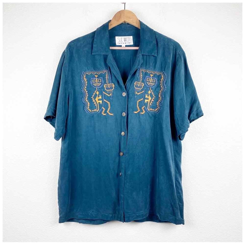 Sue Wong Studio Embroidered Silk Totem Button Down Size‎ Medium